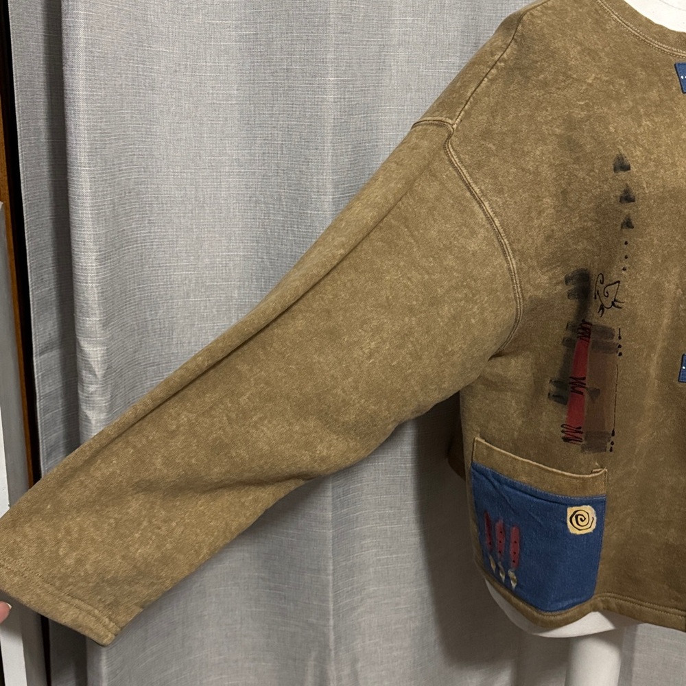 Vintage-Repurposed Sweatshirt-Tan-Abstract Detail-3 Button Toggle-Boxy Relaxed - Picture 8 of 16